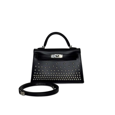 HERMÈS BLACK BOX CLOUTE STUDDED MINI KELLY II 20 PALLADIUM HARDWARE (20*12*6cm)